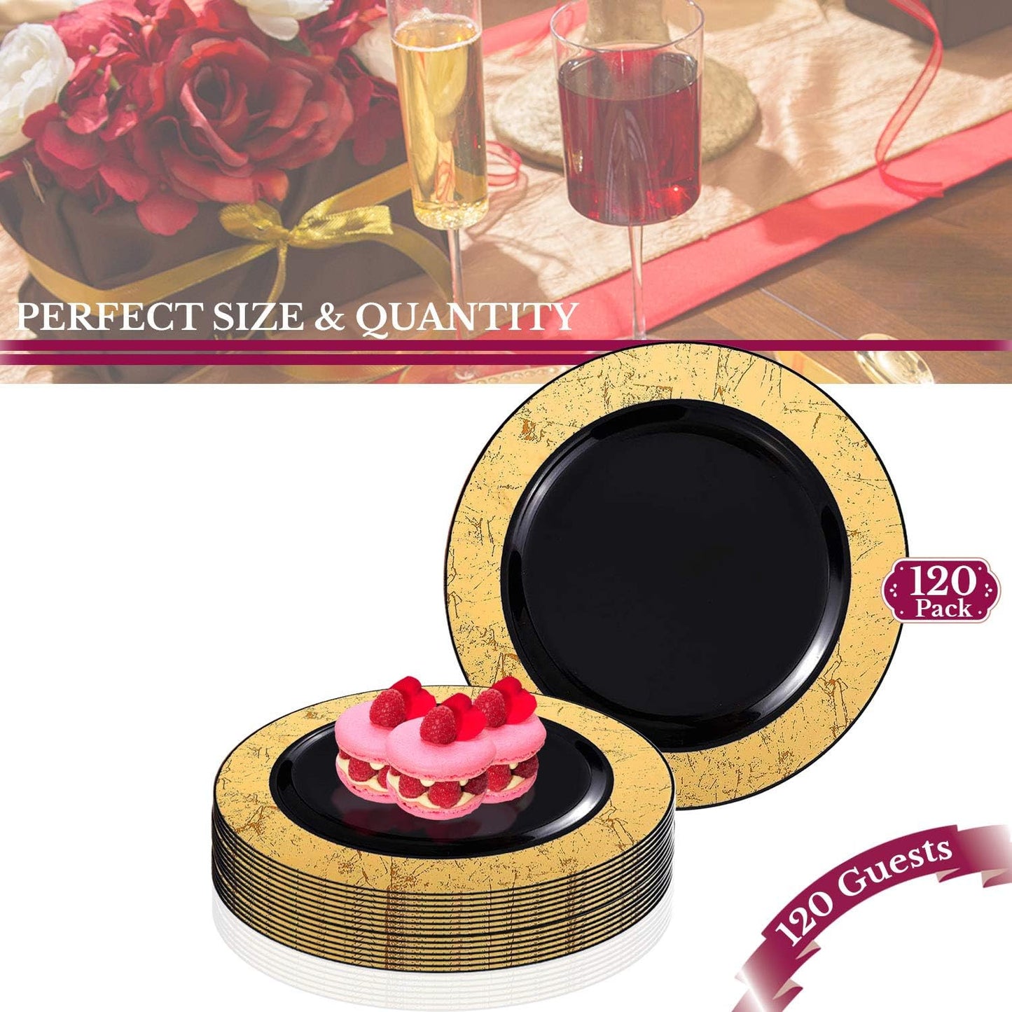 10.25" Dinner Plates (Black with Gold, 120 Plates (7.5"))