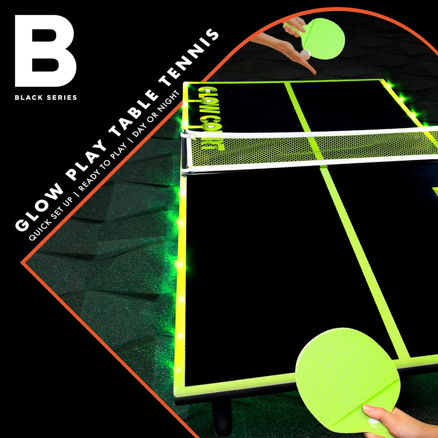 THE  Glow-In-The-Dark 40” Table Tennis Set, Includes Tabletop, 2 Balls, 2 Paddles