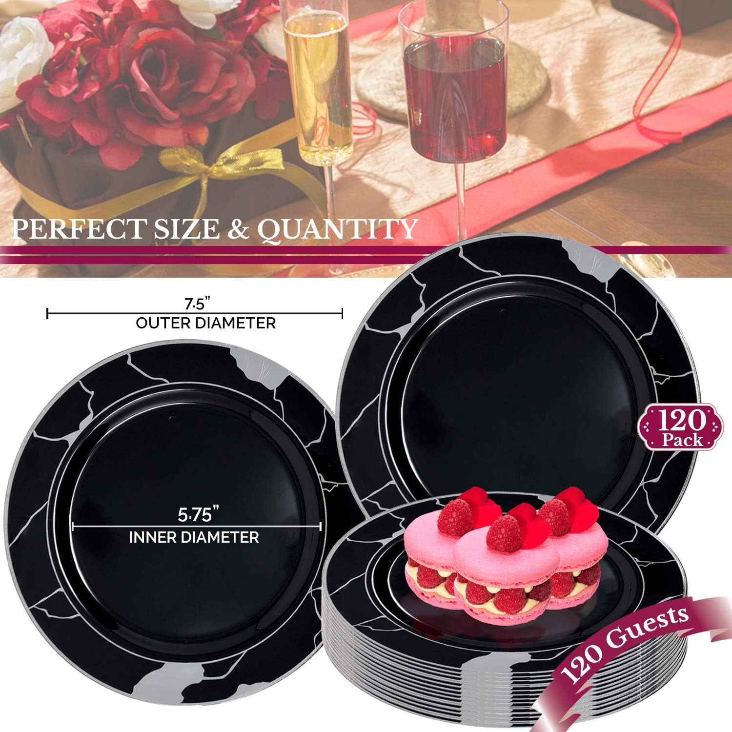 Elegant Disposable Plastic Dessert Plates 120 Pcs - 7.5" Heavy Duty Salad Plates - Black with Silver Marble Appetizer Plates - Catering Party Supplies for Wedding, Birthday & All Occasions