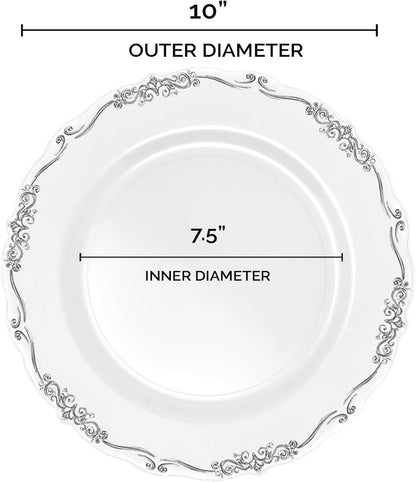 Elegant Plastic Plates, Disposable Dinnerware Sets, Plastic Dinner Plates, Disposable Plates for Party, Disposable Plastic Plates, Party Plates (White with Silver, 120 Plates (10" Dinner Plates))