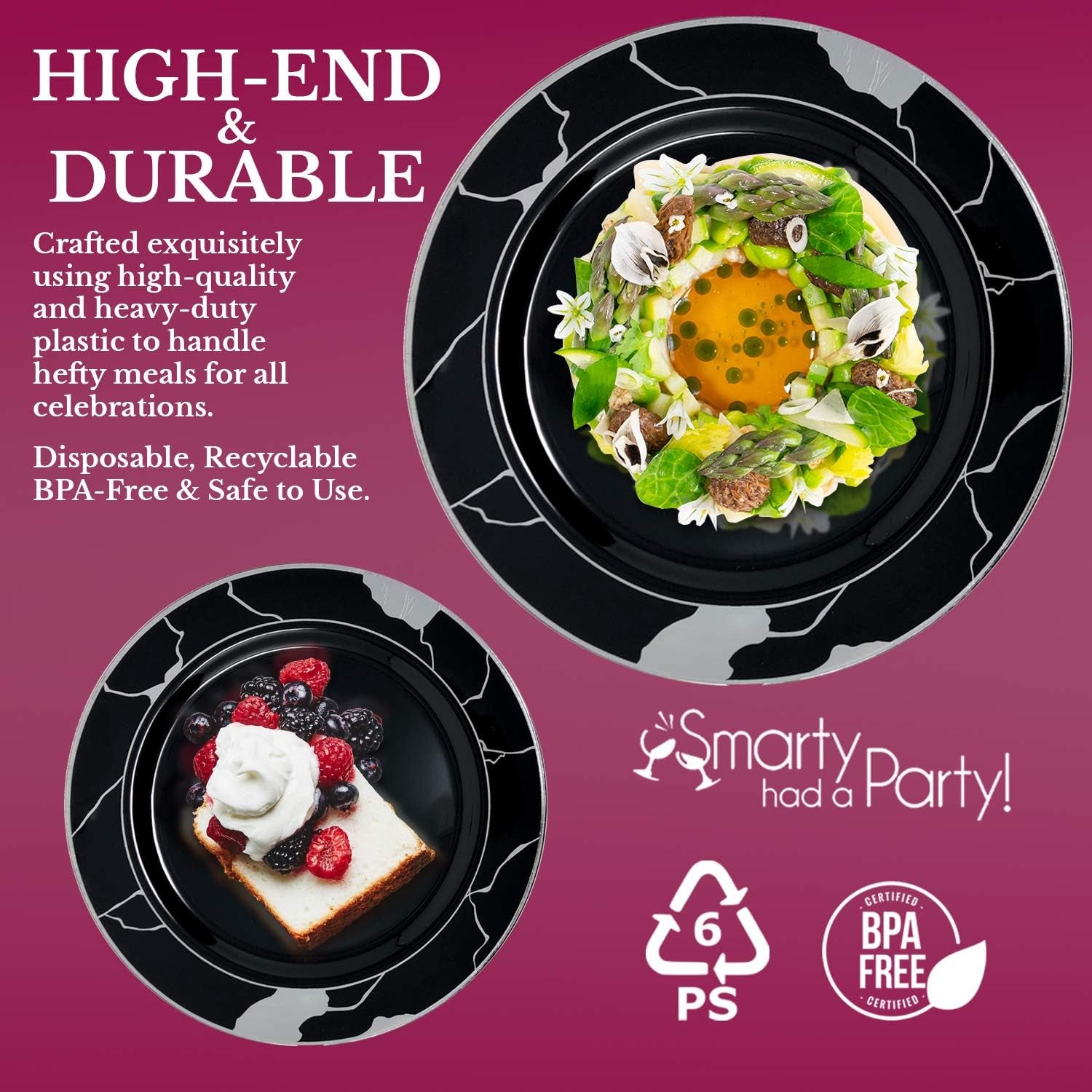 Elegant Disposable Plastic Dessert Plates 120 Pcs - 7.5" Heavy Duty Salad Plates - Black with Silver Marble Appetizer Plates - Catering Party Supplies for Wedding, Birthday & All Occasions