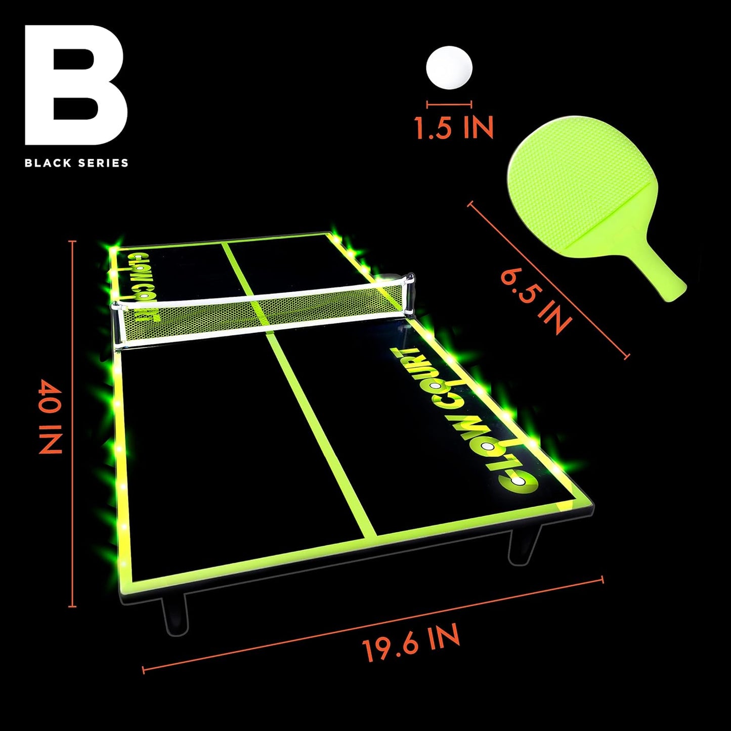 THE  Glow-In-The-Dark 40” Table Tennis Set, Includes Tabletop, 2 Balls, 2 Paddles