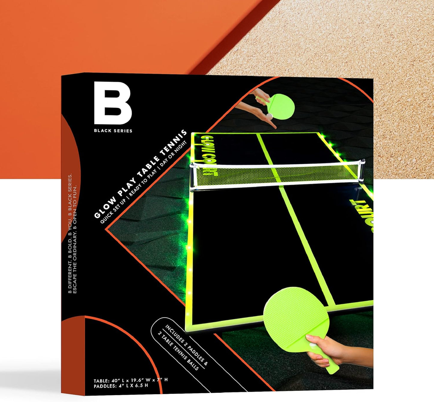 THE  Glow-In-The-Dark 40” Table Tennis Set, Includes Tabletop, 2 Balls, 2 Paddles