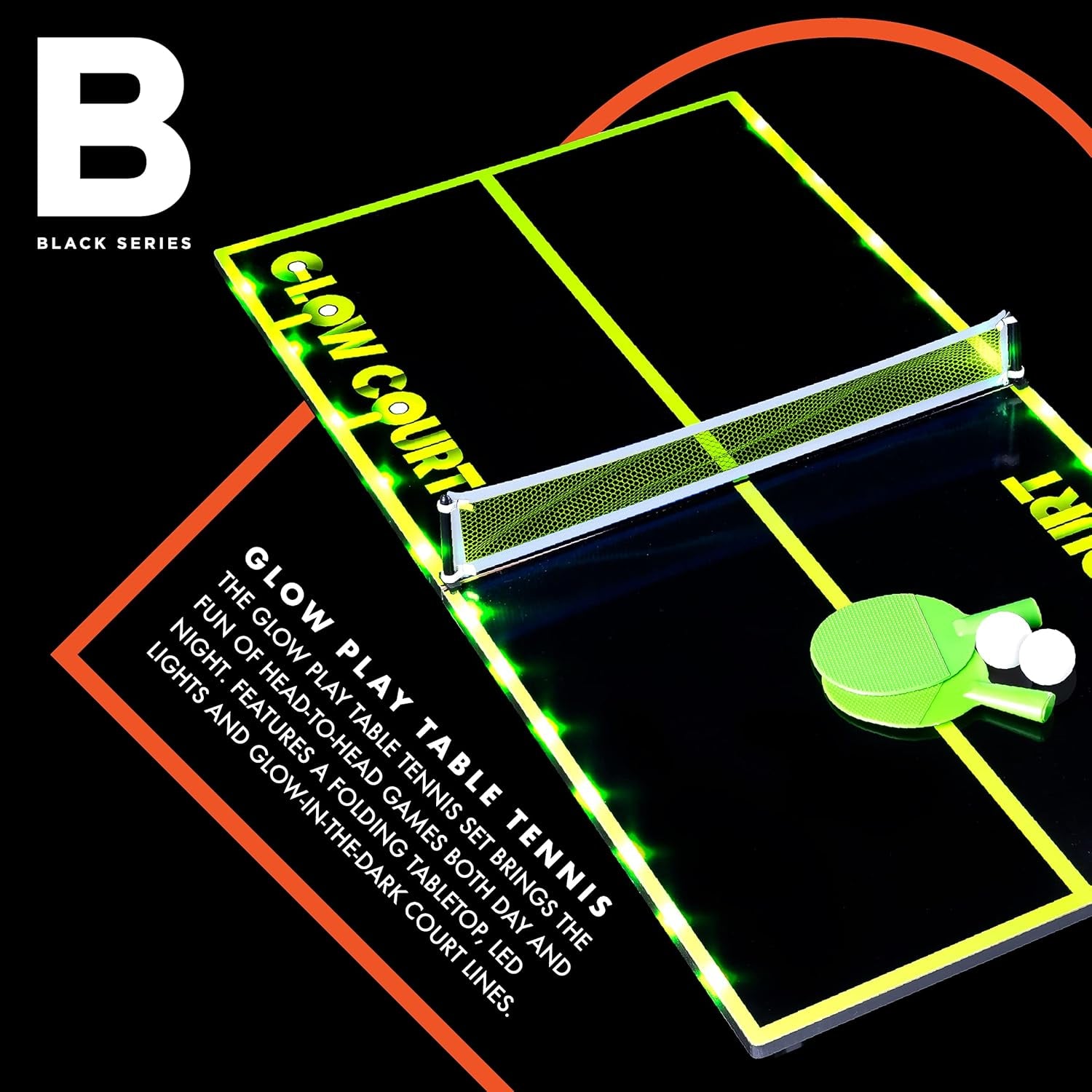 THE  Glow-In-The-Dark 40” Table Tennis Set, Includes Tabletop, 2 Balls, 2 Paddles